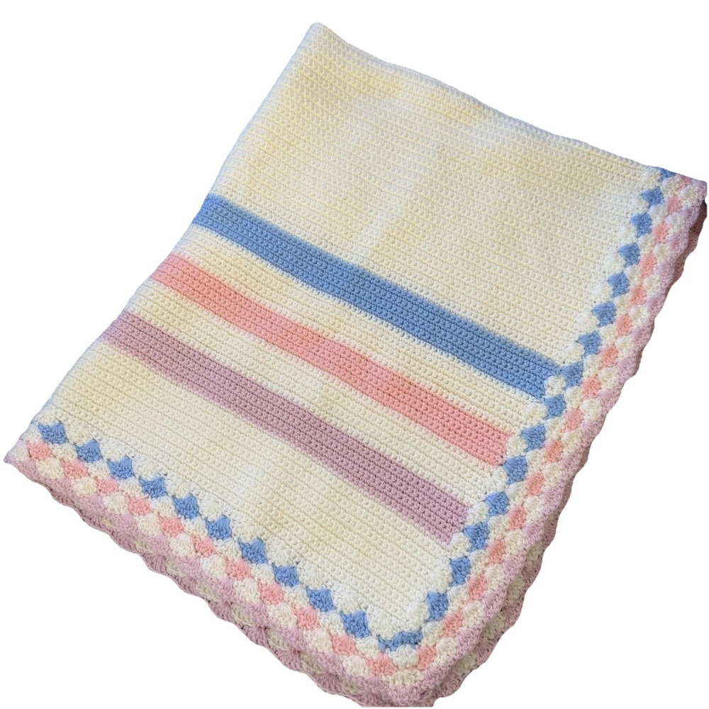 Crochet BABY BLANKET AFGHAN  36 X 42‎ White Blue Pink Girl Or Boy Beautiful!